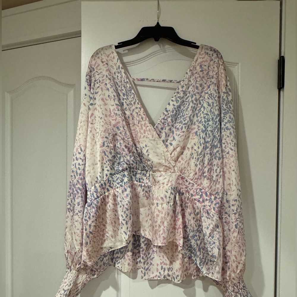 Express Pastel Leopard Print V-Neck Peplum Blouse - Pink & Blue